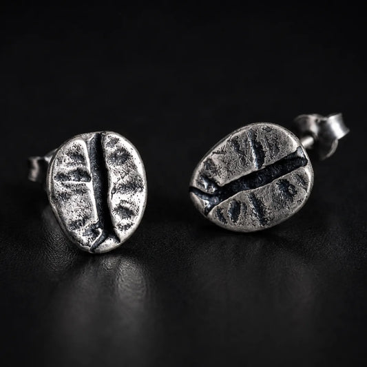 Coffee Bean Stud Earrings 925 Silver Pair Close Up Black Background