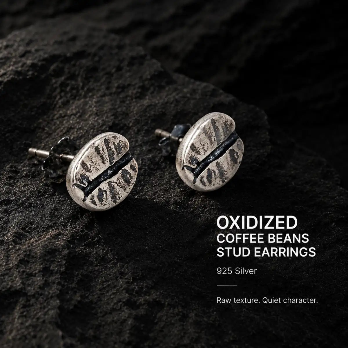 Coffee Bean Stud Earrings 925 Silver Pair Displayed on Stone Surface