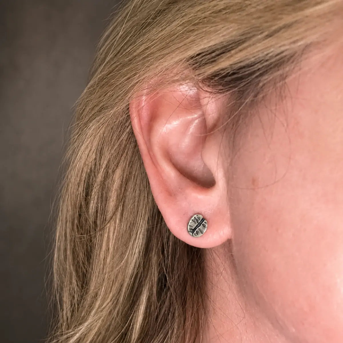Coffee Bean Stud Earrings 925 Silver Worn by Female Model Close Up