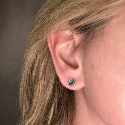 Coffee Bean Stud Earrings 925 Silver Worn by Female Model Close Up