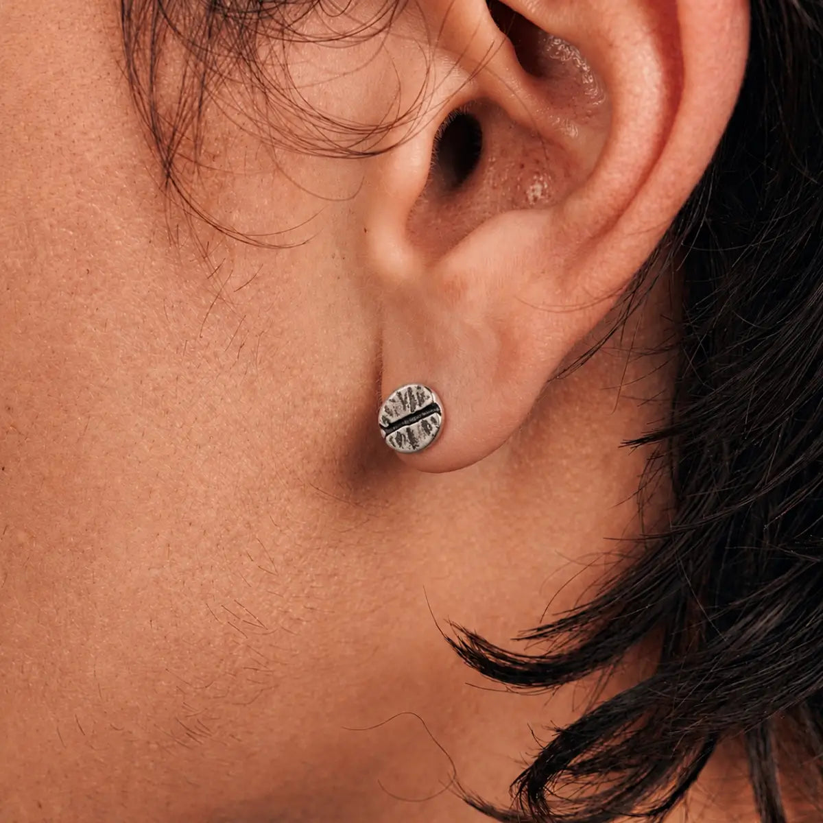 Coffee Bean Stud Earrings 925 Silver Worn by Male Model Close Up