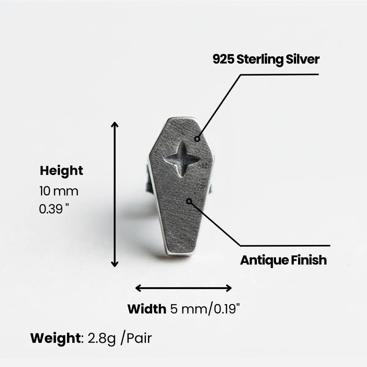 Coffin Cross Stud Earrings Dimensions and Weight