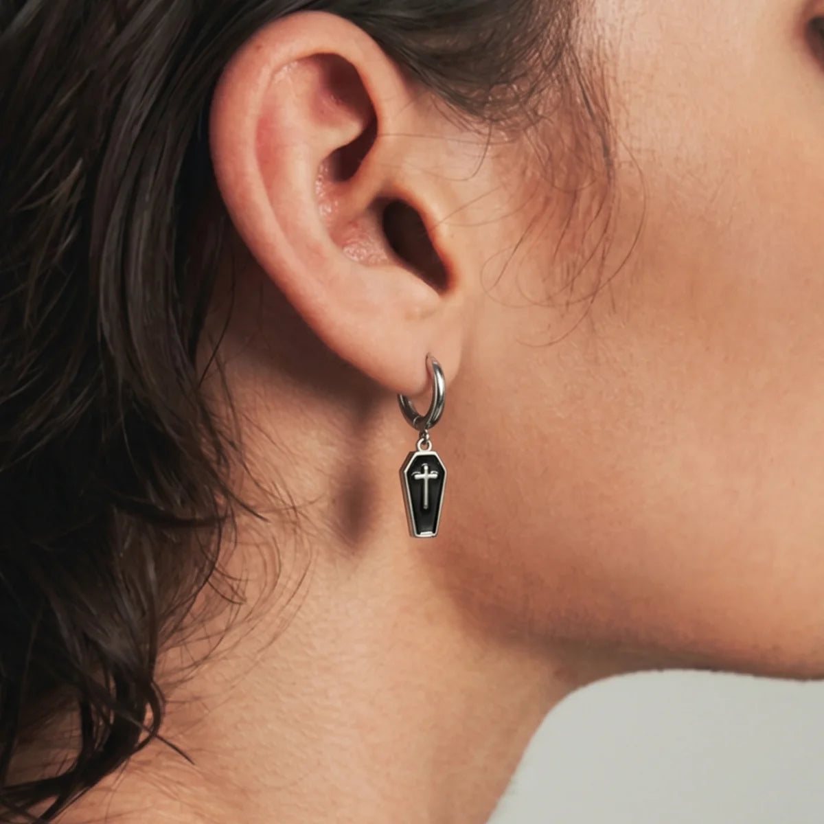 Coffin Earrings Worn by Male Model Close Up