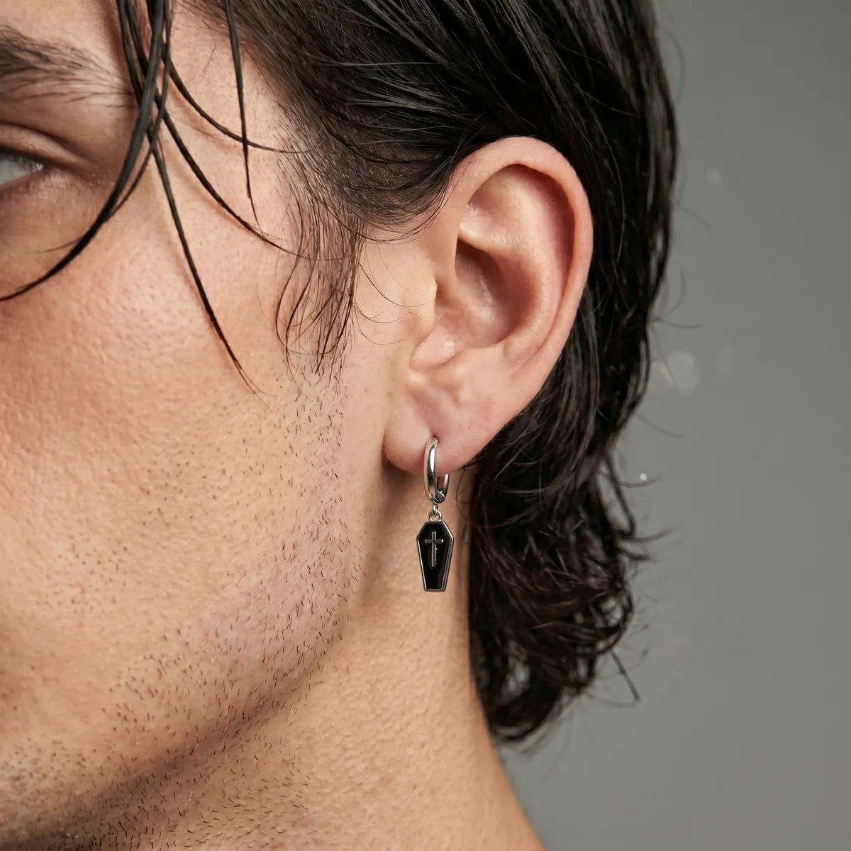 Coffin Earrings Worn by Male Model Front