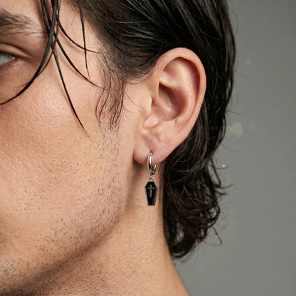 Coffin Earrings Worn by Male Model Front