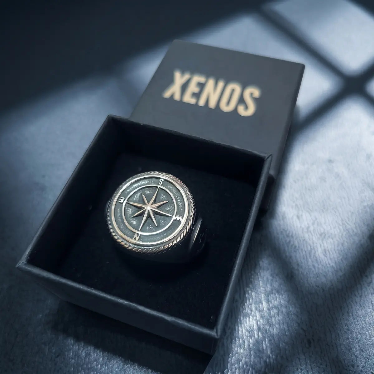 Compass Signet Ring Inside a Xenos Jewelry Box
