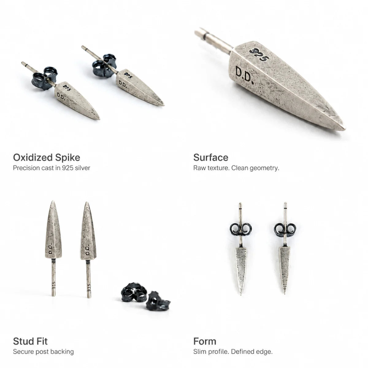 Cone Stud Earrings 925 Silver Multi Angle Product Feature Showcase