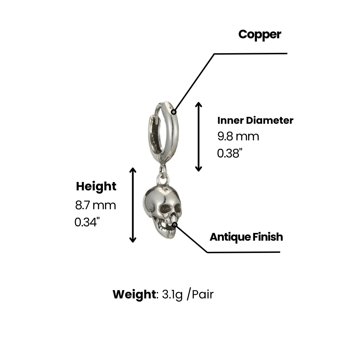 Copper Skull Head Hoop Earrings Dimensions and Weight