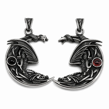 Crescent Moon Dragon Necklace Black & Red Gemstone Pendant Only Front View White Background