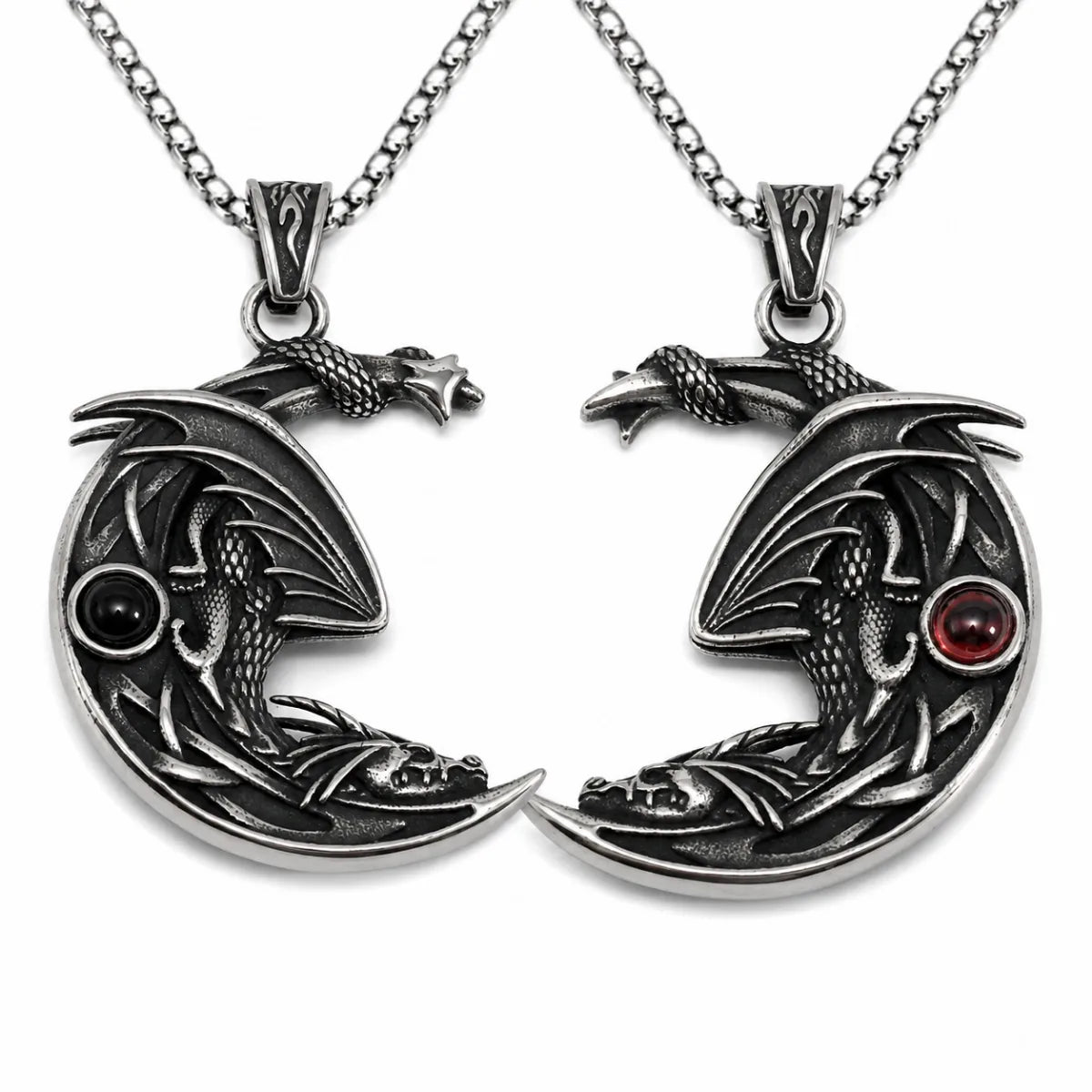 Crescent Moon Dragon Necklace Black & Red Gemstone Pendant with Chain Front View White Background