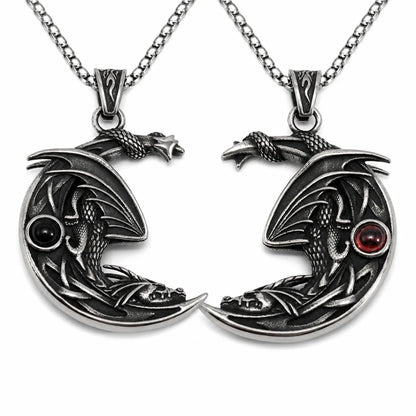 Crescent Moon Dragon Necklace Black & Red Gemstone Pendant with Chain Front View White Background