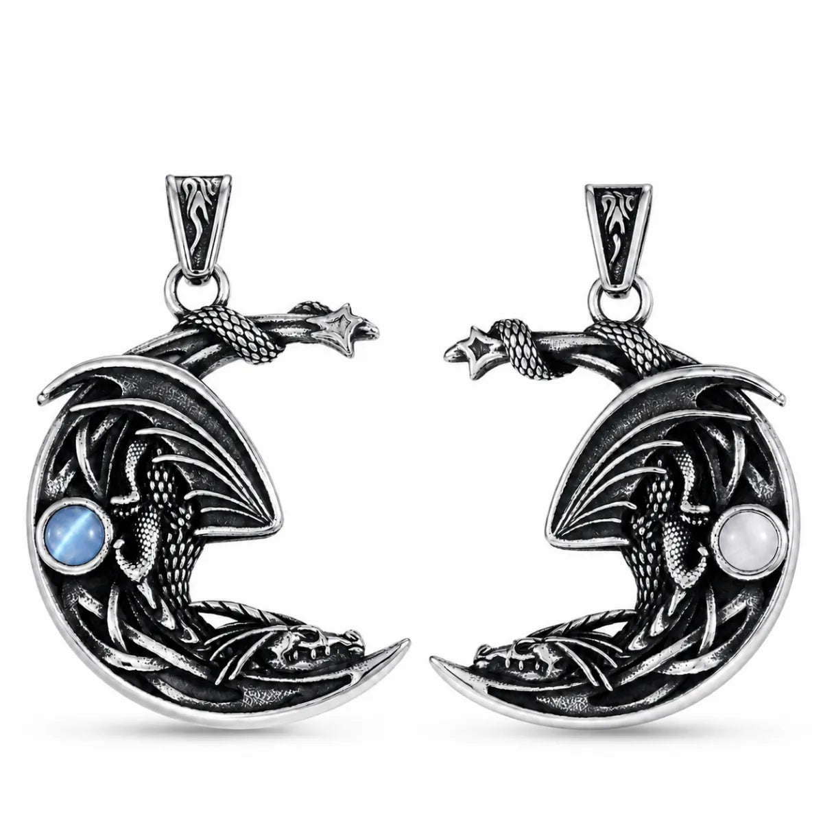Crescent Moon Dragon Necklace Blue & White Gemstone Pendant Only Front View White Background