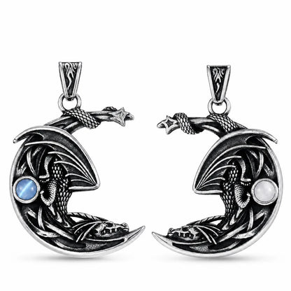 Crescent Moon Dragon Necklace Blue & White Gemstone Pendant Only Front View White Background