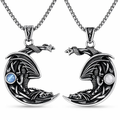 Crescent Moon Dragon Necklace Blue & White Gemstone Pendant with Chain Front View White Background