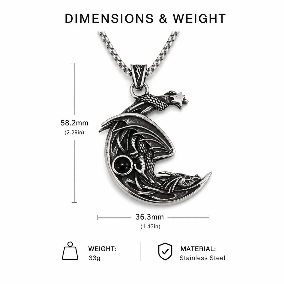 Crescent Moon Dragon Necklace Dimension Diagram 47.7mm 1.88inch and 30.7mm 1.21inch