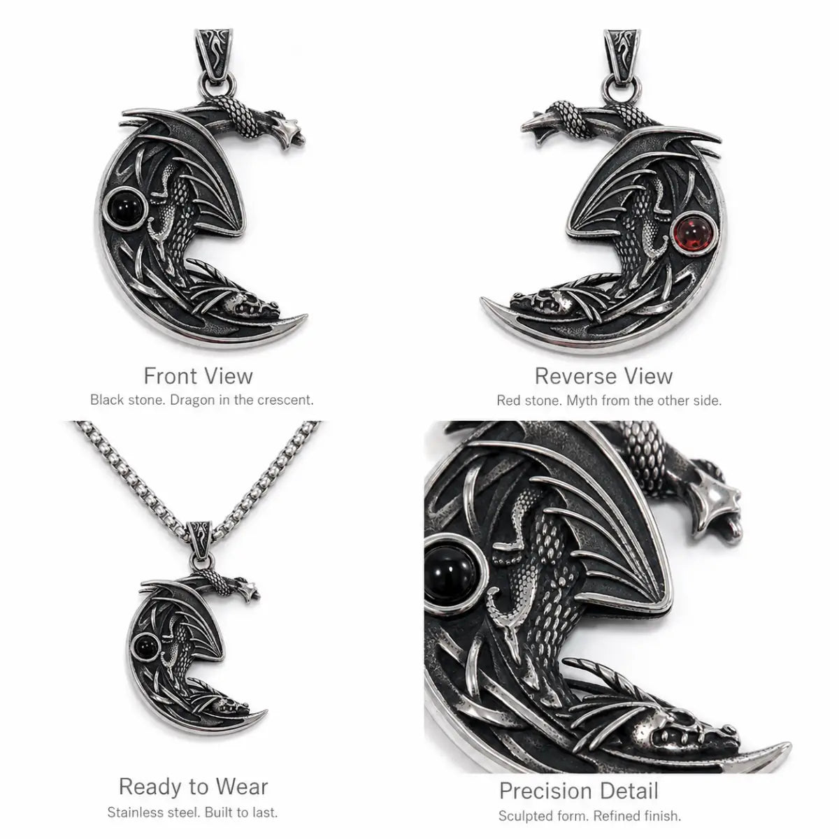 Crescent Moon Dragon Necklace Multi Angle Product Feature Showcase