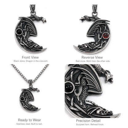 Crescent Moon Dragon Necklace Multi Angle Product Feature Showcase