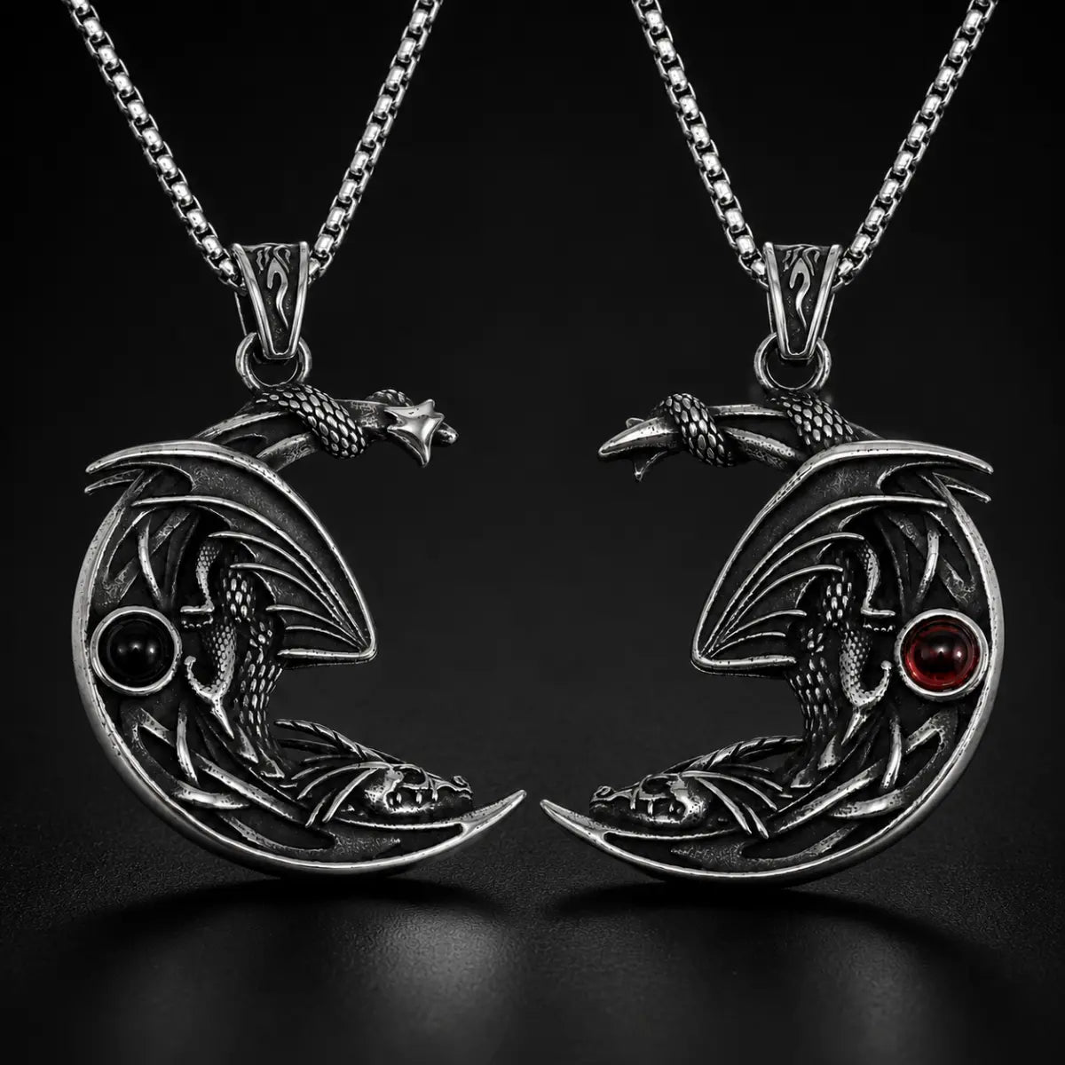 Crescent Moon Dragon Necklace Pair Close Up Black Background