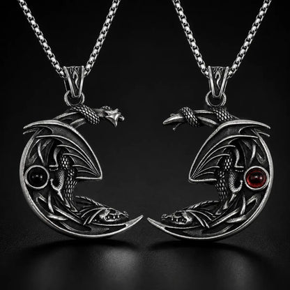 Crescent Moon Dragon Necklace Pair Close Up Black Background