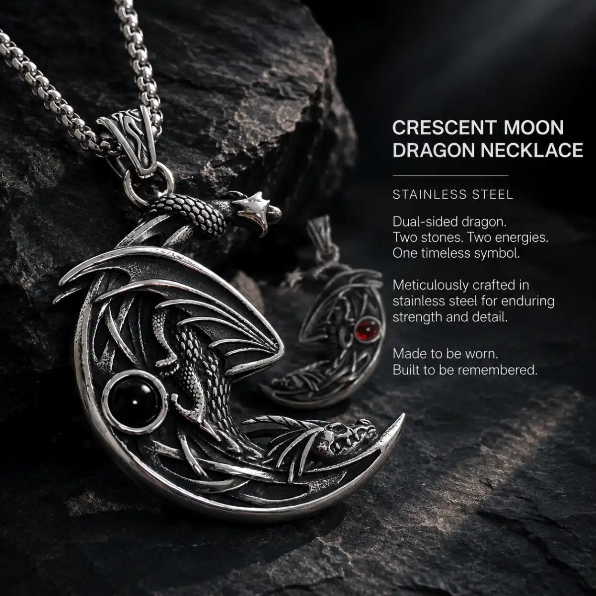 Crescent Moon Dragon Necklace Pair Displayed on Stone Surface