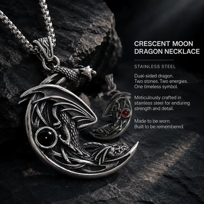 Crescent Moon Dragon Necklace Pair Displayed on Stone Surface