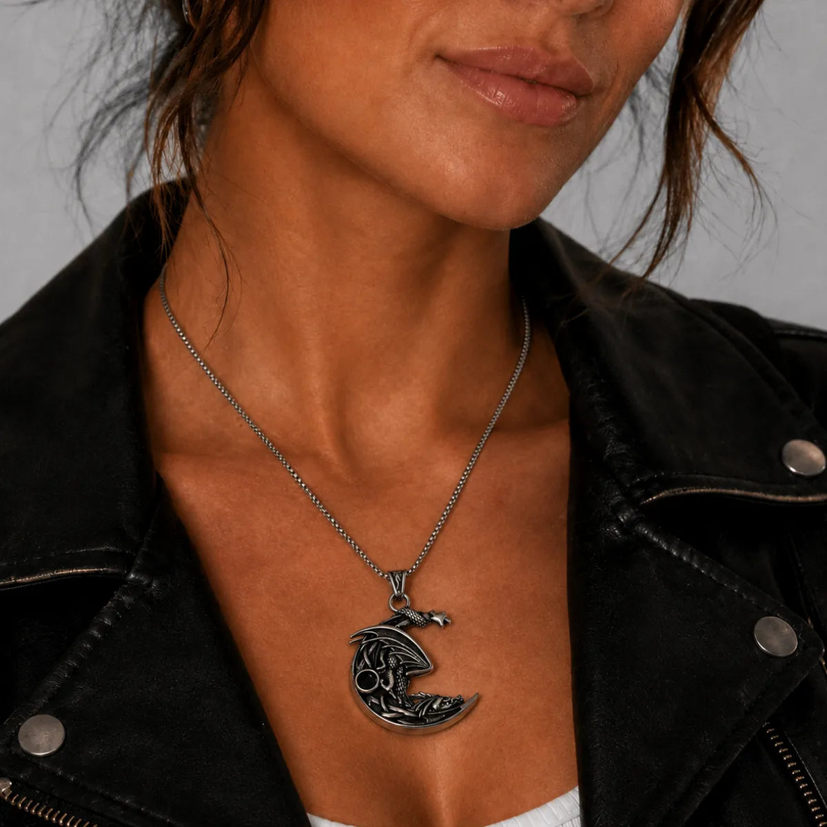 Crescent Moon Dragon Necklace Worn by Female Model Chest View