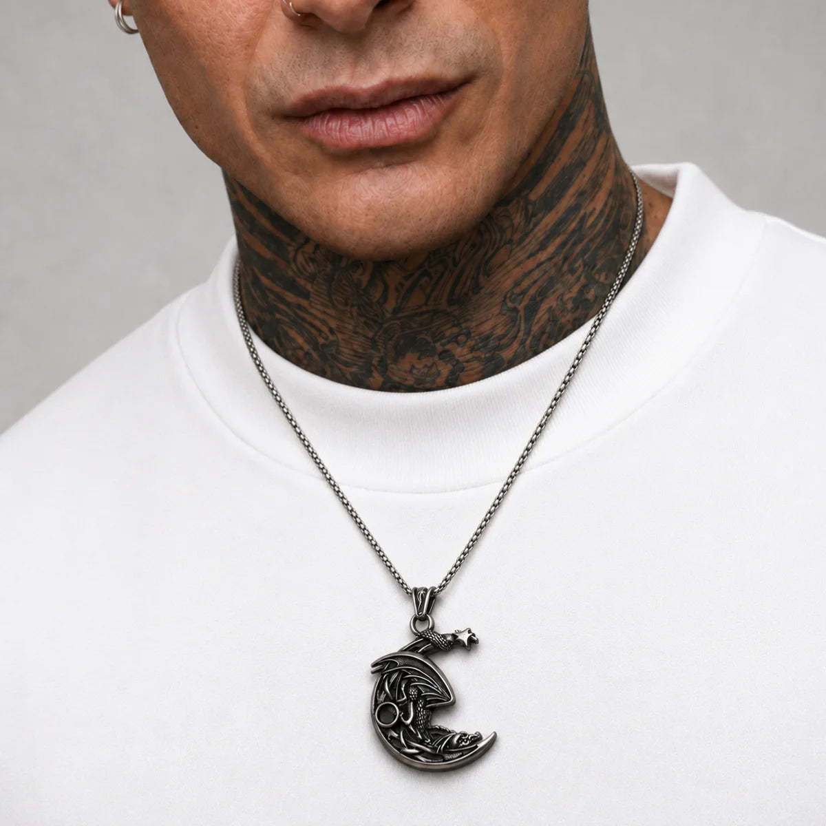 Crescent Moon Dragon Necklace Worn by Male Model Chest View
