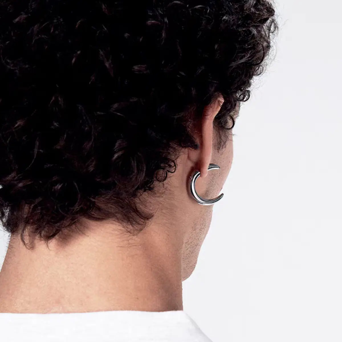 Crescent Moon Earrings Worn by Male Model Back View