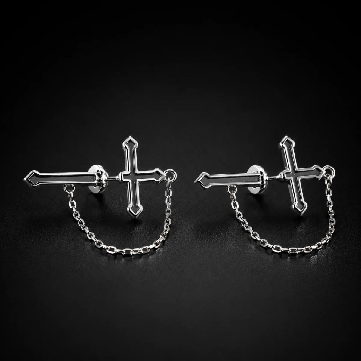 Cross Chain Earrings 925 Sterling Silver Pair Displayed Black Background