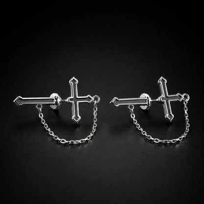 Cross Chain Earrings 925 Sterling Silver Pair Displayed Black Background