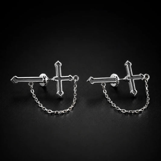 Cross Chain Earrings 925 Sterling Silver Pair Displayed Black Background