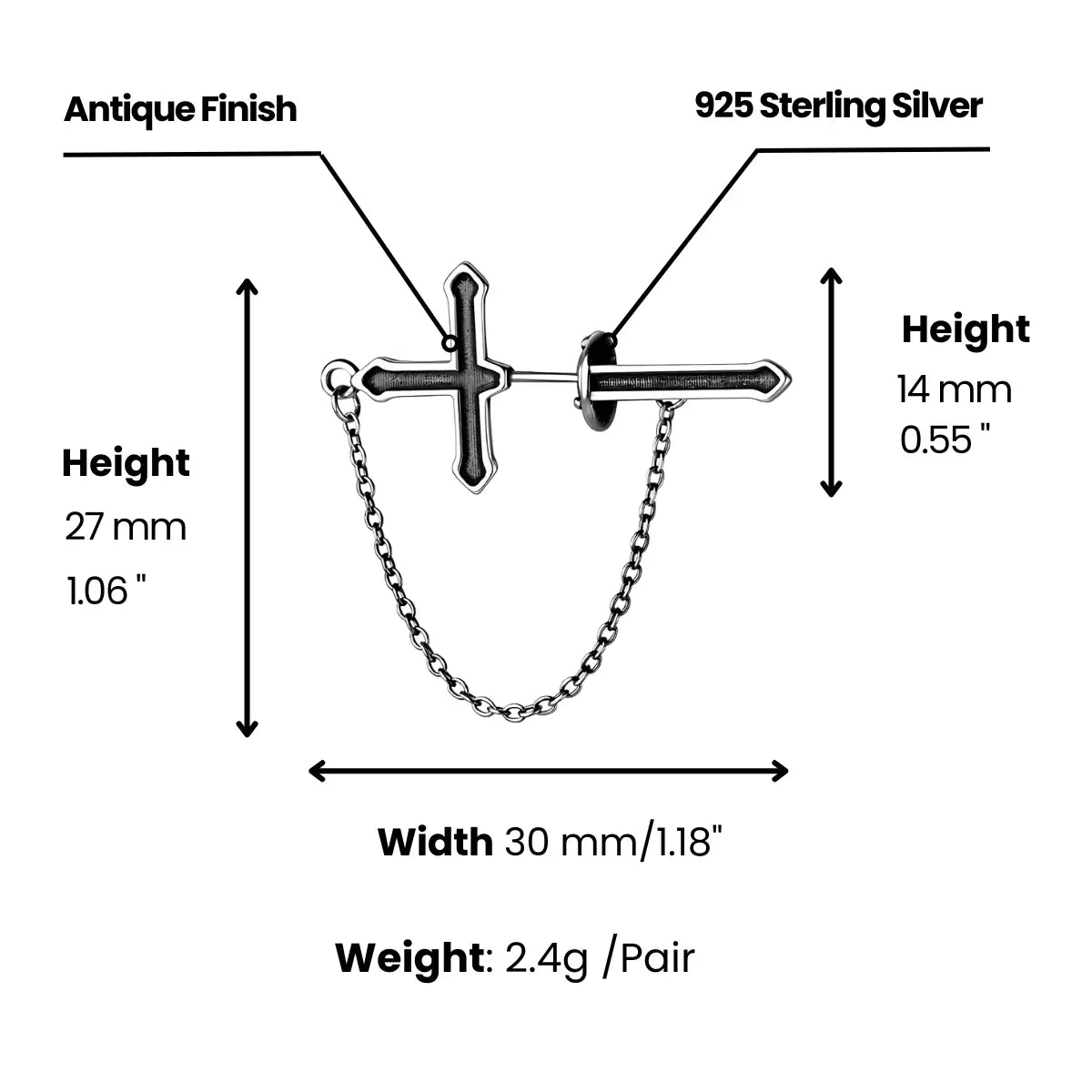 Cross Chain Earrings S925 Front Dimensions and Weight