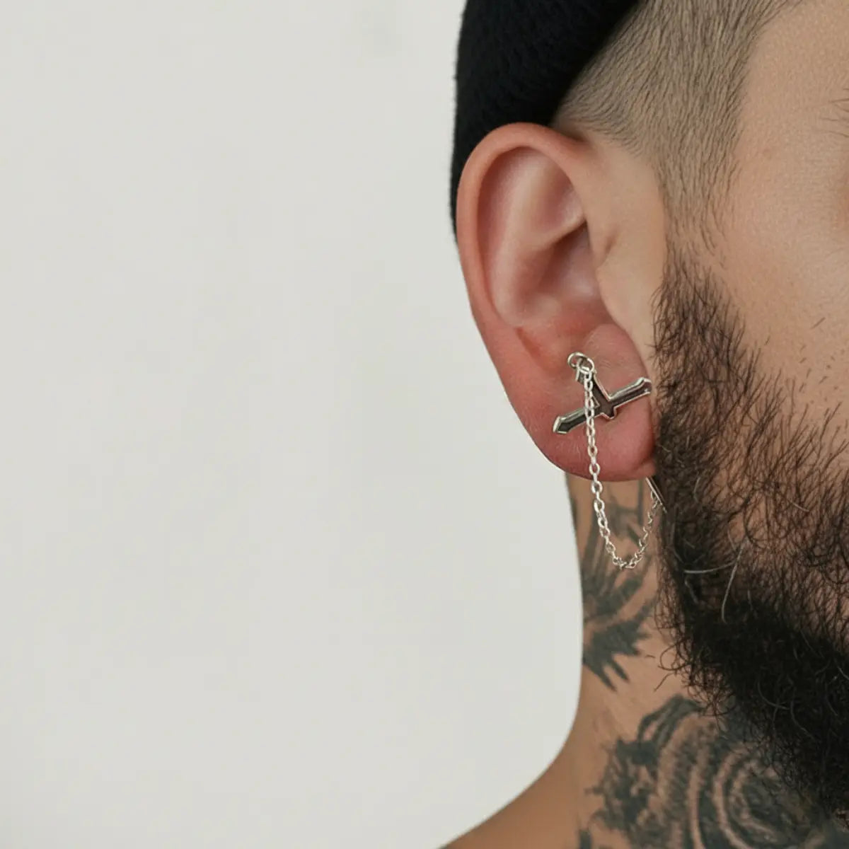 Cross Chain Earrings S925 Worn by Male Model Close Up
