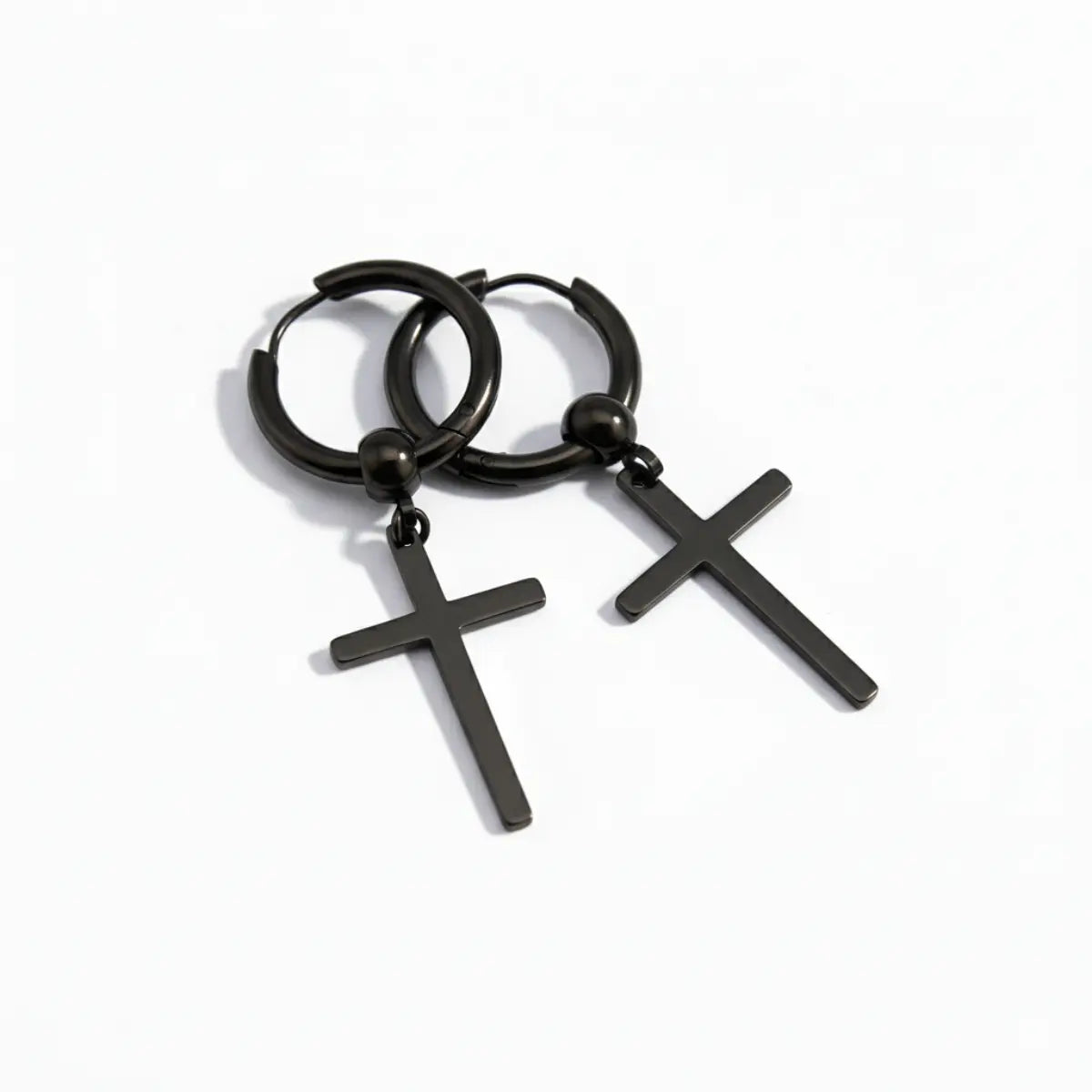 Cross Dangle Hoop Earrings Black Front