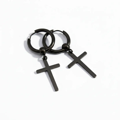 Cross Dangle Hoop Earrings Black Front