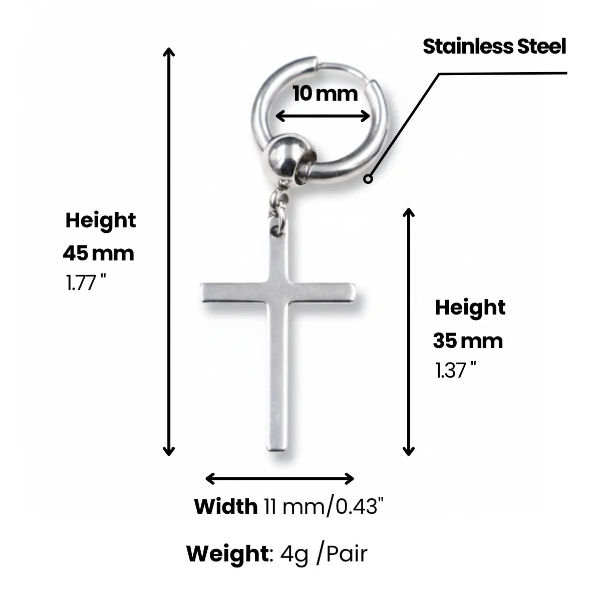 Cross Dangle Hoop Earrings Dimensions and Weight