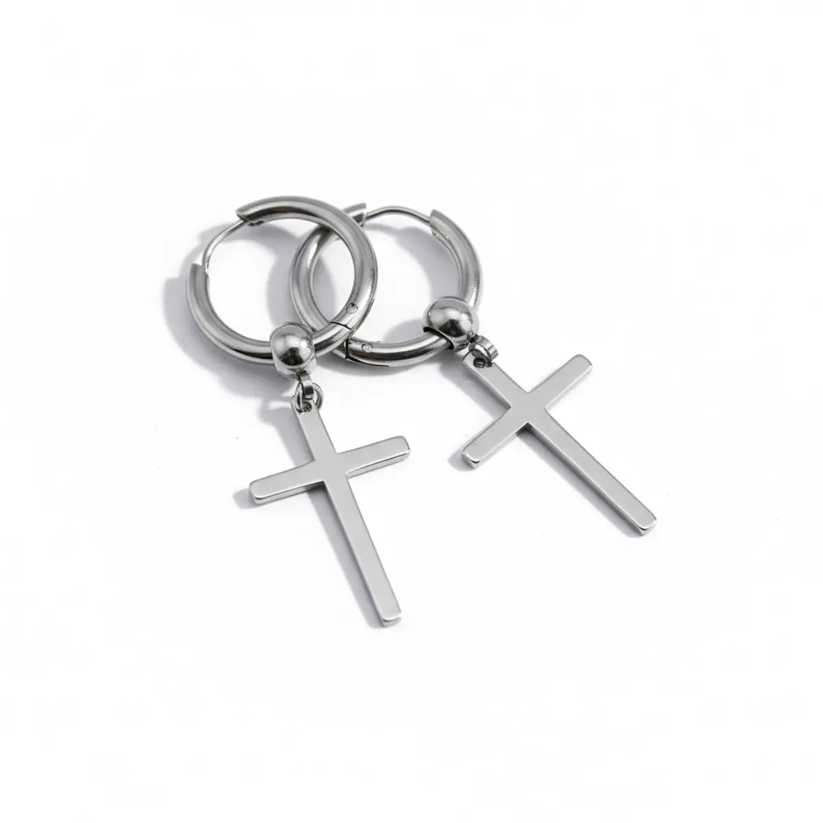 Cross Dangle Hoop Earrings Silver Front