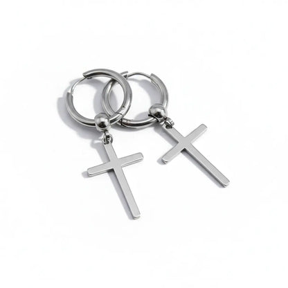 Cross Dangle Hoop Earrings Silver Front