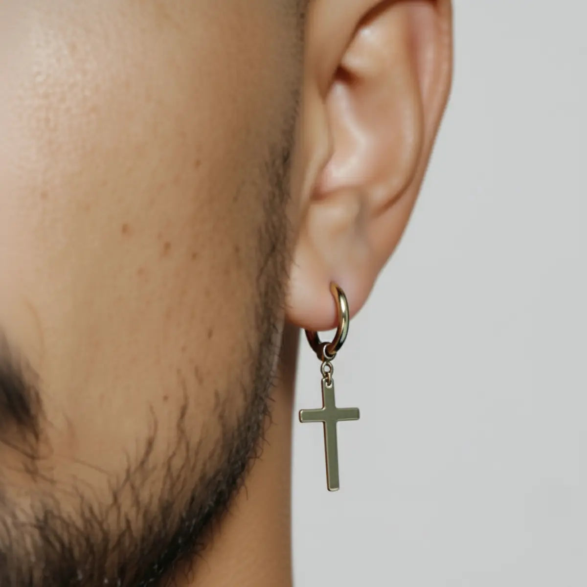 Cross Dangle Hoop Earrings Silver Worn by Male Model