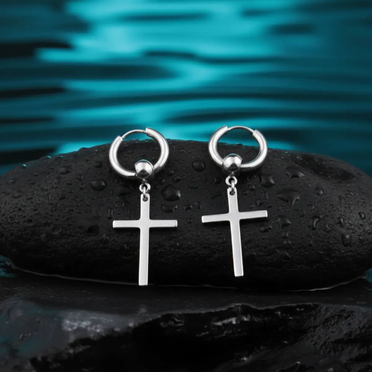 Cross Dangle Hoop Earrings Silver