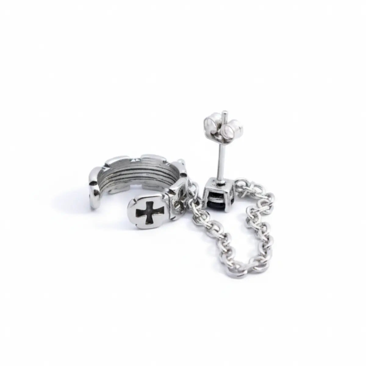 Iron Cross Ear Cuff with Chain Stud Earrings Back