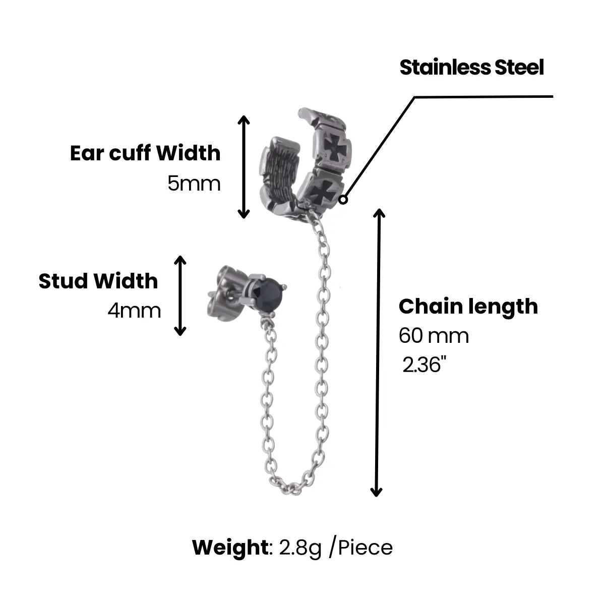 Iron Cross Ear Cuff with Chain Stud Earrings Dimensions and Weight