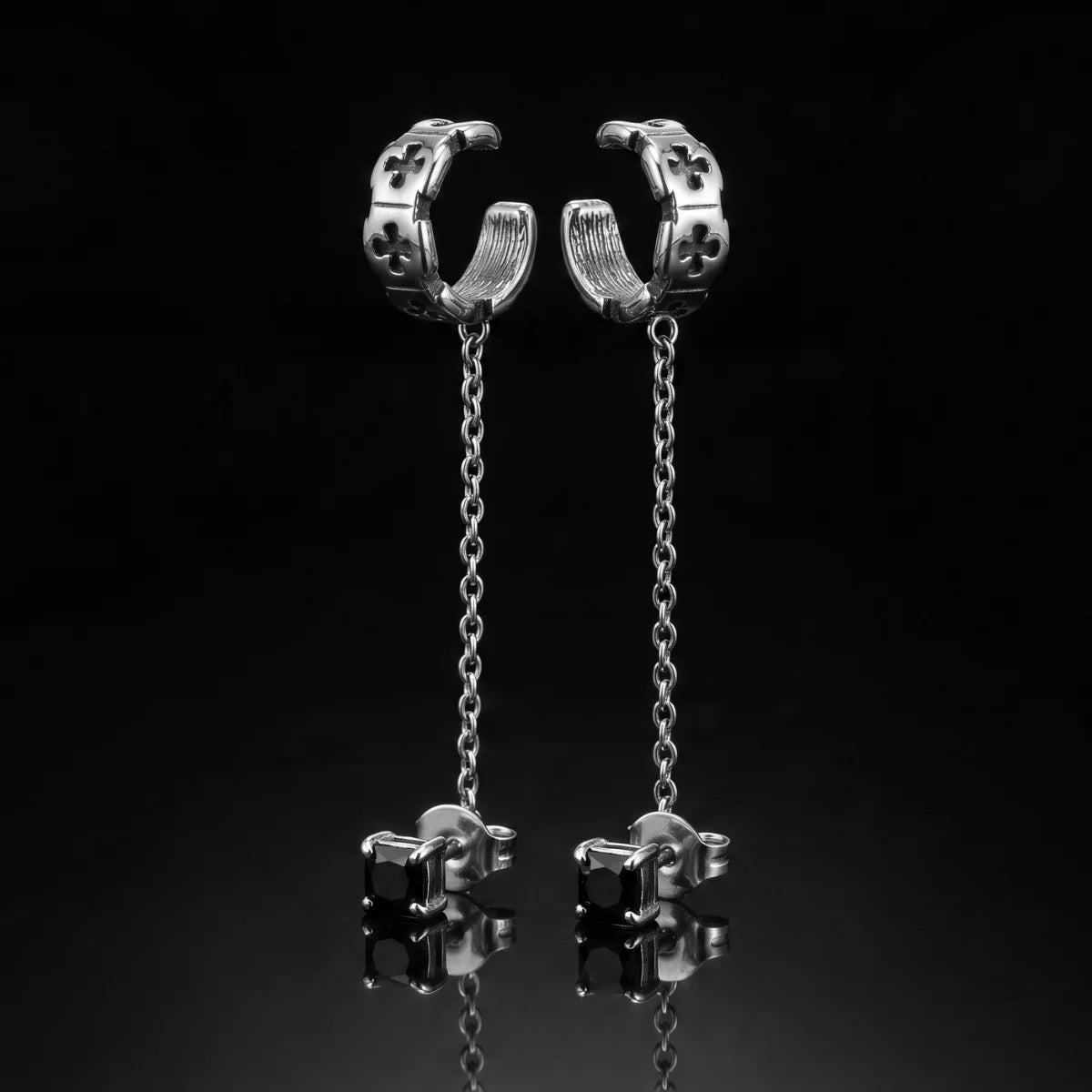 Cross Ear Cuff with Chain Stud Earrings Front View