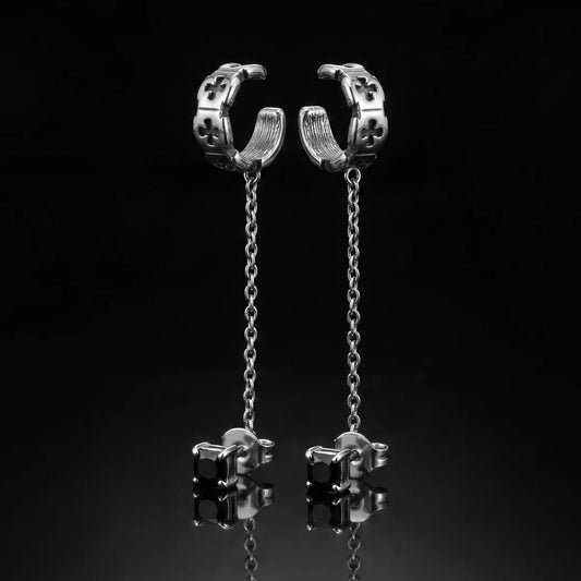 Cross Ear Cuff with Chain Stud Earrings Front View