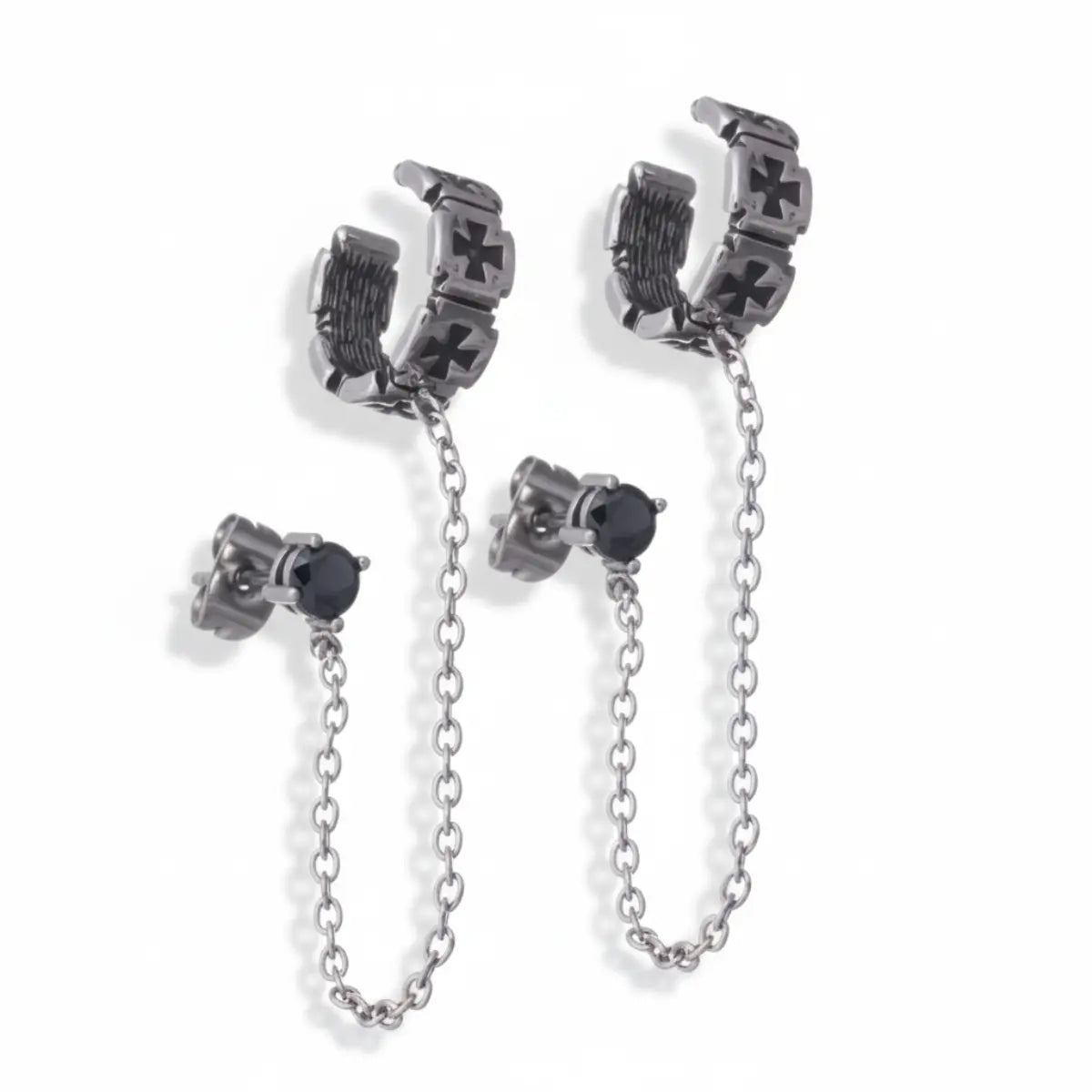 Iron Cross Ear Cuff with Chain Stud Earrings Front