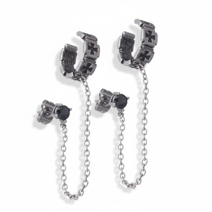 Iron Cross Ear Cuff with Chain Stud Earrings Front