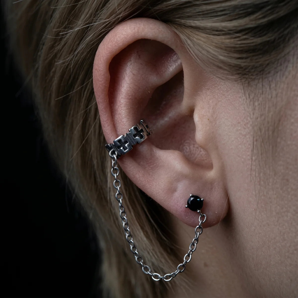 Cross Ear Cuff with Chain Stud Earrings Worn by Male Model Close Up