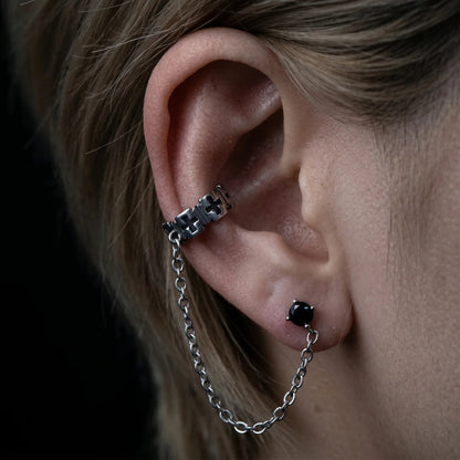 Cross Ear Cuff with Chain Stud Earrings Worn by Male Model Close Up