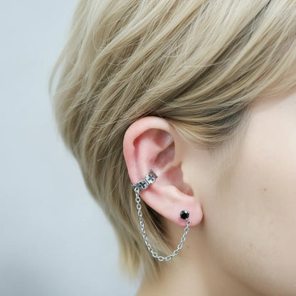 Iron Cross Ear Cuff with Chain Stud Earrings Worn by Female Model
