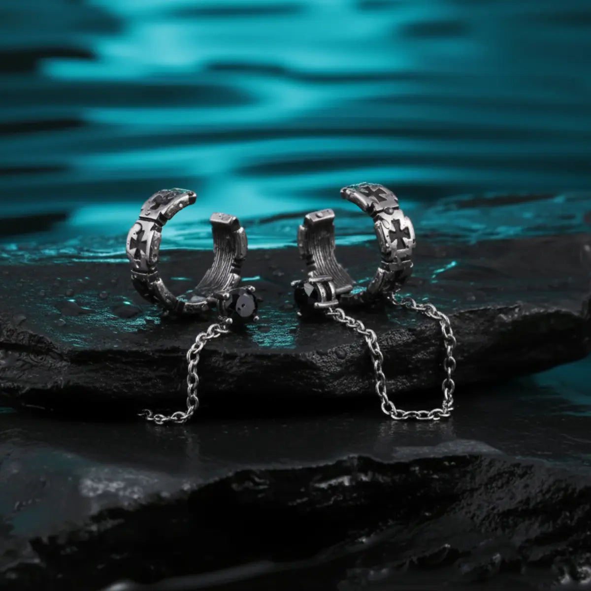 Iron Cross Ear Cuff with Chain Stud Earrings